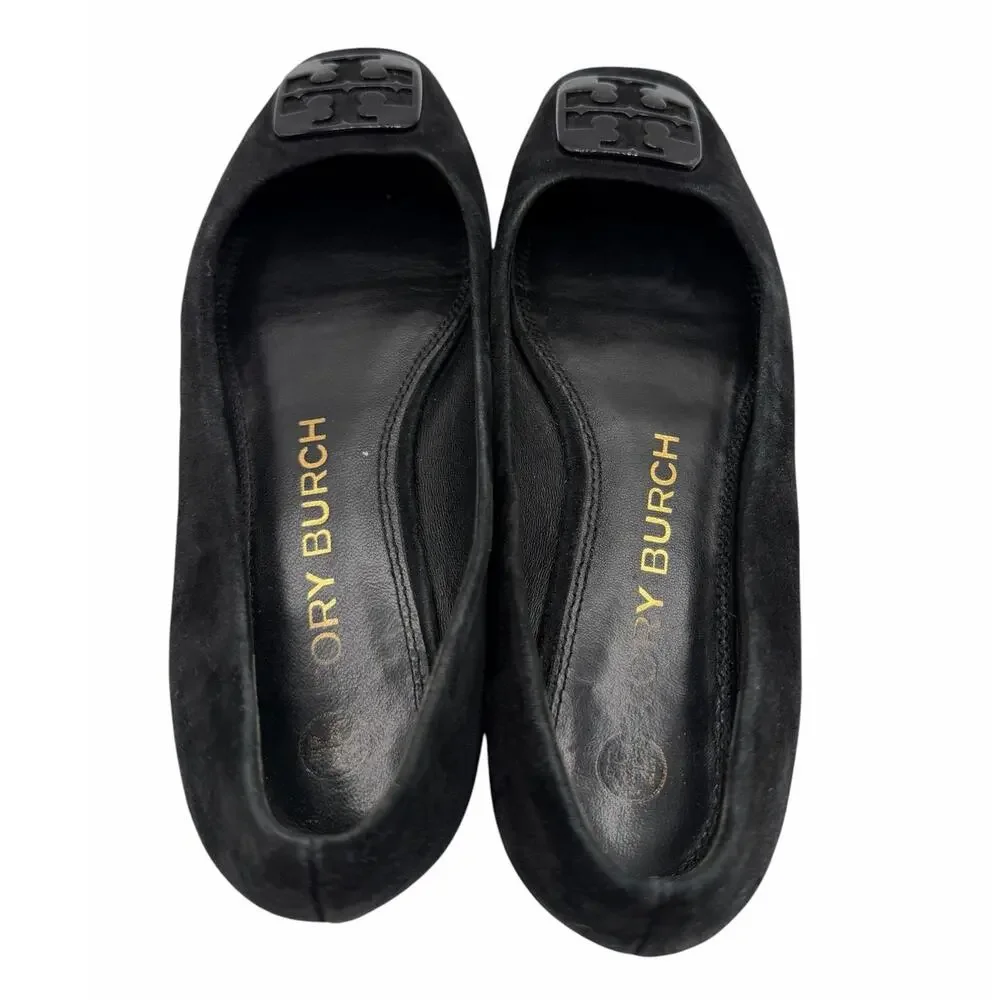 Tory Burch Gigi Ballet Flats Black Suede Square Toe Logo Size 8 Quiet Luxury